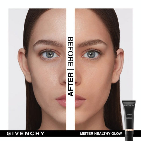 Before and after comparison showing the effect of Givenchy Mister Healthy Glow Gel on skin tone and radiance, with the product tube.