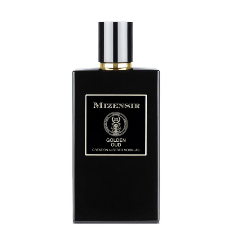 Black perfume bottle with silver cap labeled 'Mizensir Golden Oud' on a white background