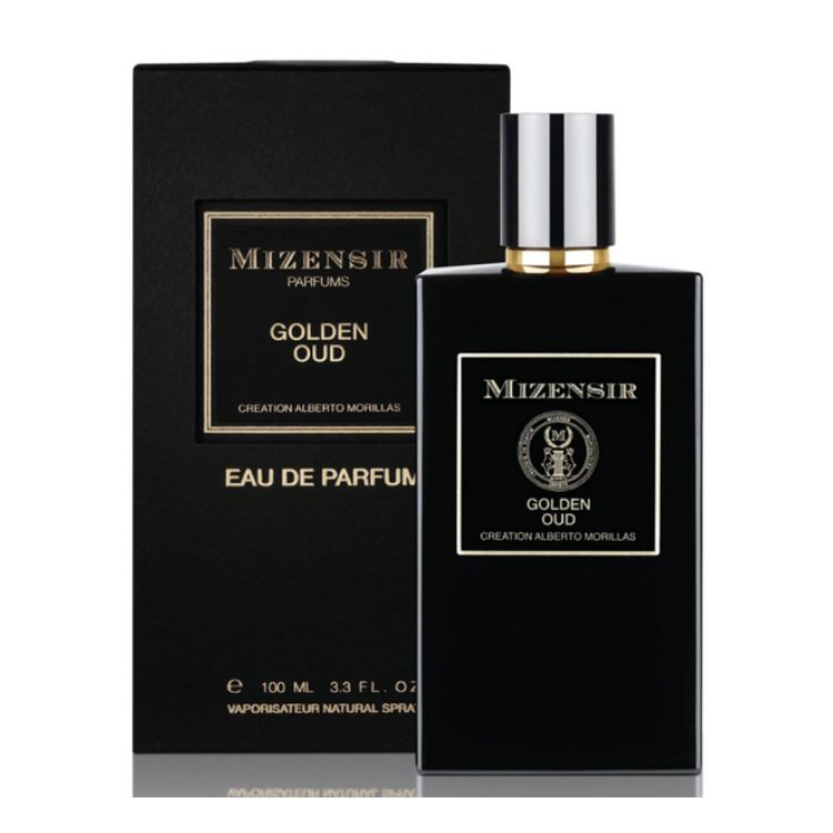 Mizensir Golden Oud perfume bottle and packaging on a white background