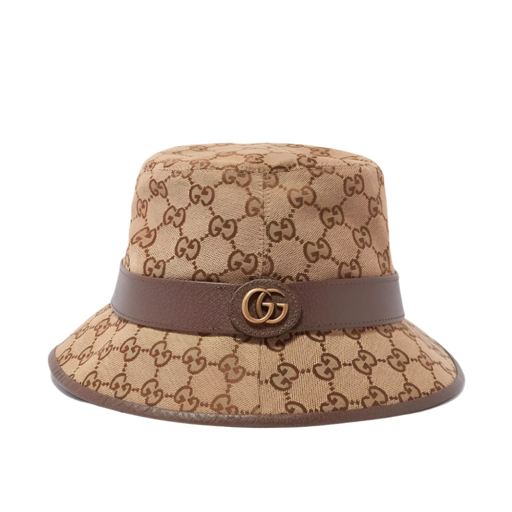 Gucci Beige GG Canvas Fedora Hat with Leather Trim