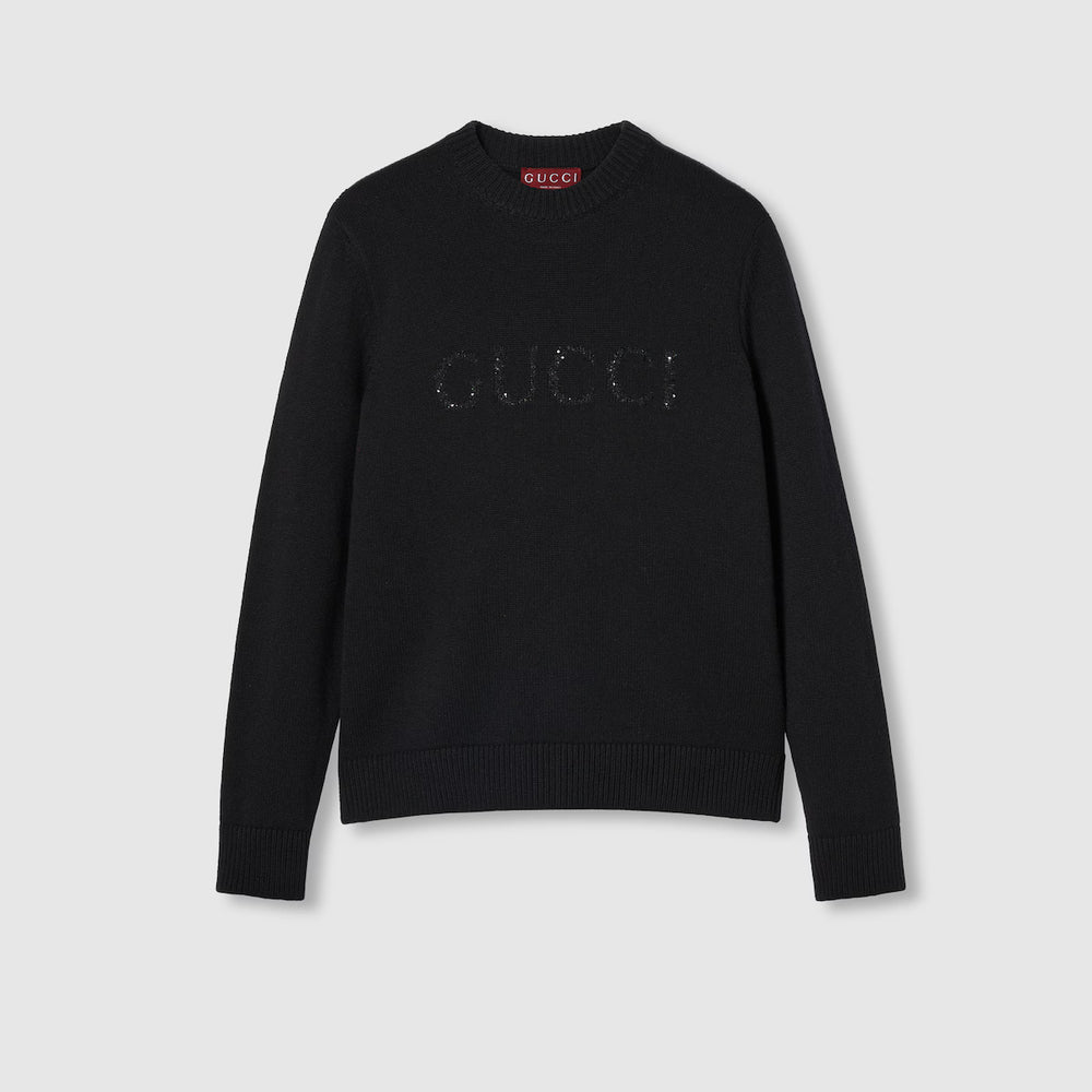 Front close up view of the Gucci wool cashmere sweater with intarsia