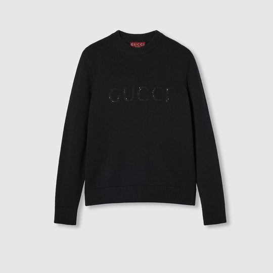 Front close up view of the Gucci wool cashmere sweater with intarsia