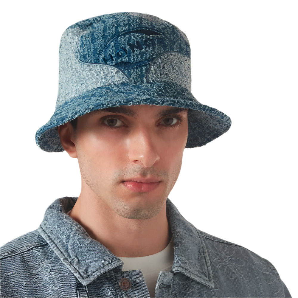 A model wearing Honor the Gift Men's Groove Panelled Blue Denim Bucket Hat