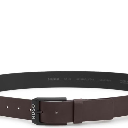 Hugo Men's Smooth Dark Brown Leather Belt with Matte Black Buckle