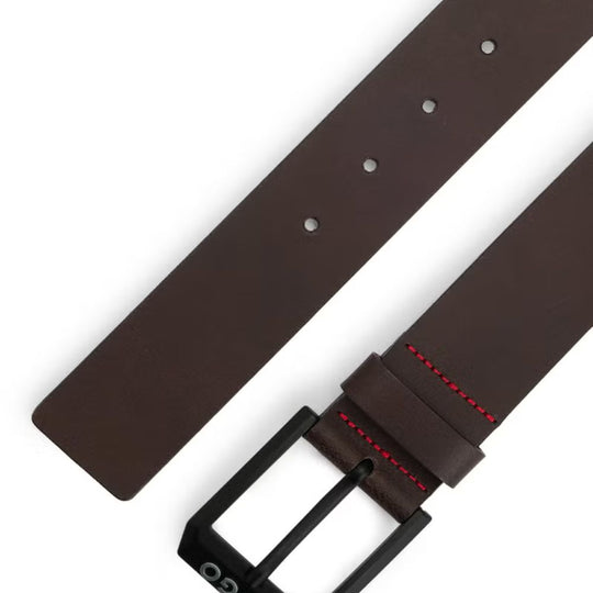 Hugo Men's Smooth Dark Brown Leather Belt with Matte Black Buckle