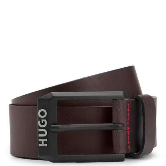 Hugo Men's Smooth Dark Brown Leather Belt with Matte Black Buckle