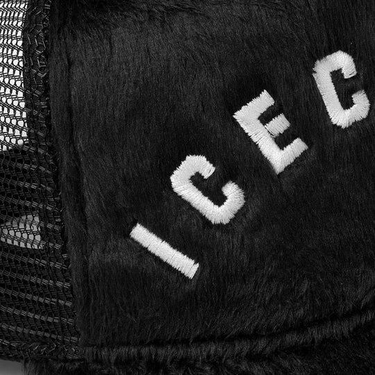 Close up shot of the embroidery on Ice Cream Black Faux Fur Trucker Cap