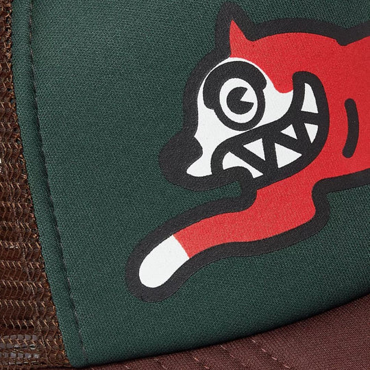 Close up view of the Dog Sketch on the Ice Cream Running Dog Design Trucker Cap - Dark Brown & Green Color