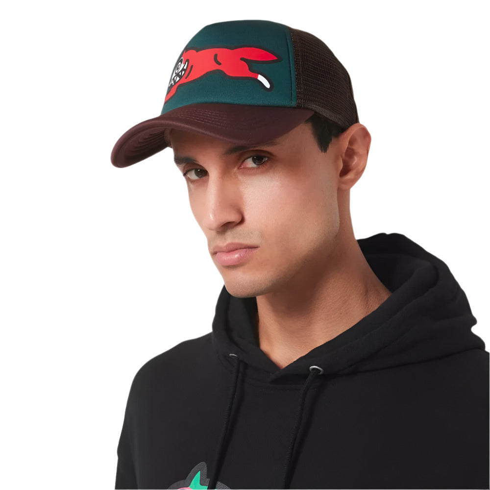 A model wearing Ice Cream Running Dog Design Trucker Cap - Dark Brown & Green Color