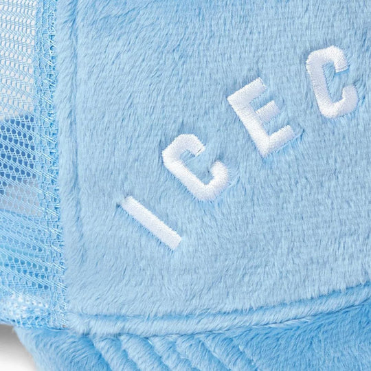 A close up shot of embroidery on Ice Cream Blue Faux Fur Trucker Cap