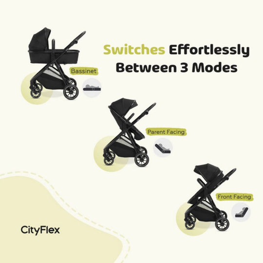 Diagram showing the Jikel CityFlex stroller in three different modes: Bassinet, Parent Facing, and Front Facing.