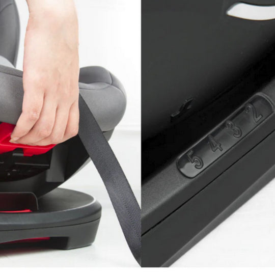 Close-up of a child safety seat with a hand adjusting the belt and a close-up of the belt numbering system.