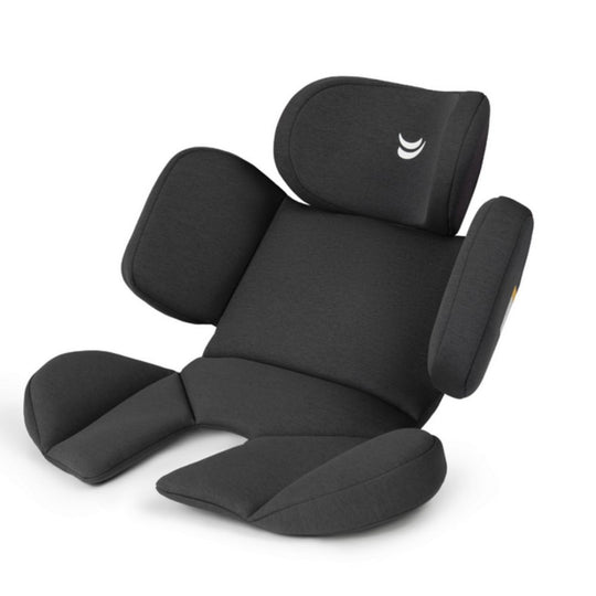 Black massage chair pad with multiple cushions belonging to Jikel Neptune 360: Grey 360° i-Size Car Seat on a white background