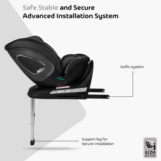 Jikel Neptune 360: Grey 360° i-Size Car Seat with isofix system and support leg on a white background