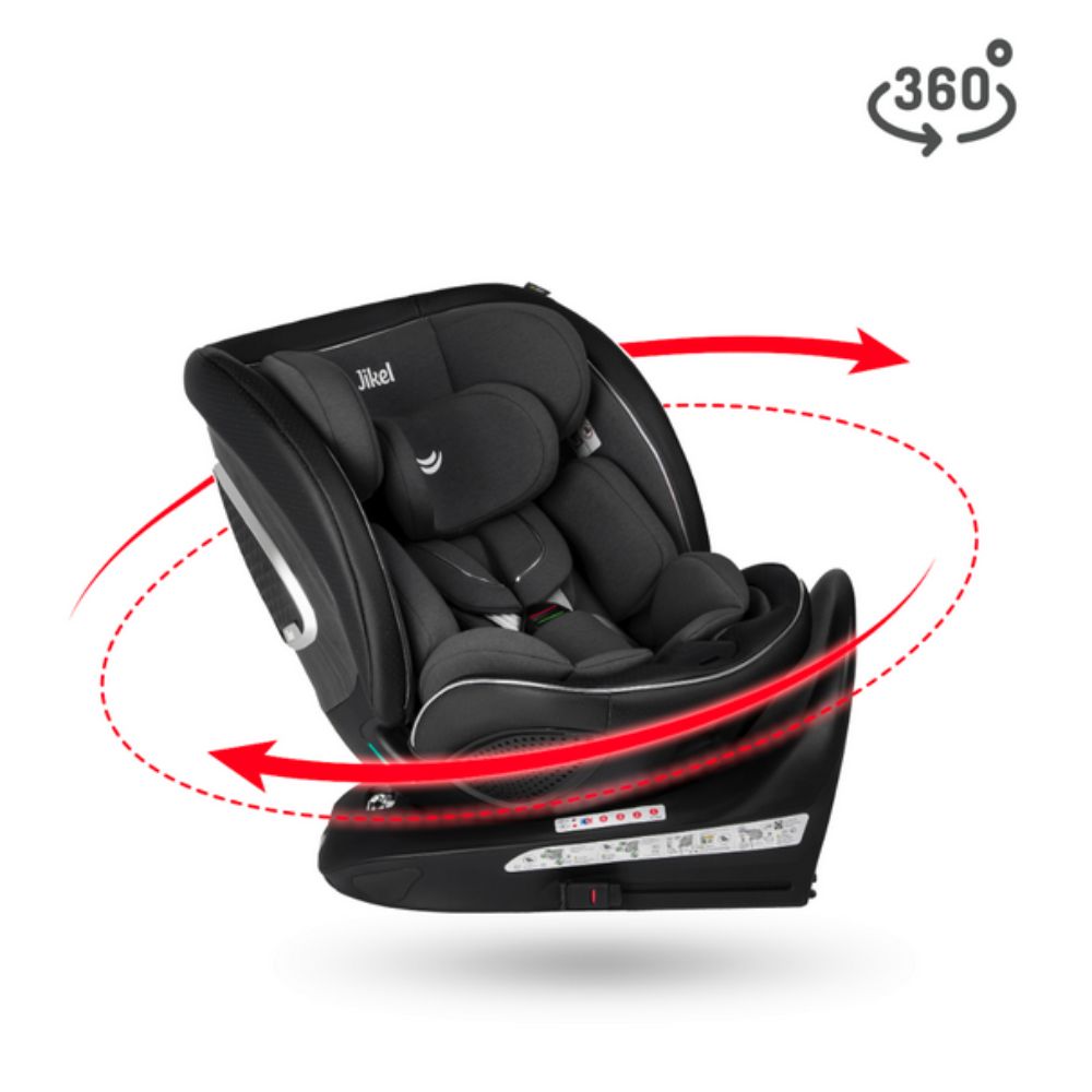 Charcoal Grey baby car seat with 360-degree rotation feature on a white background