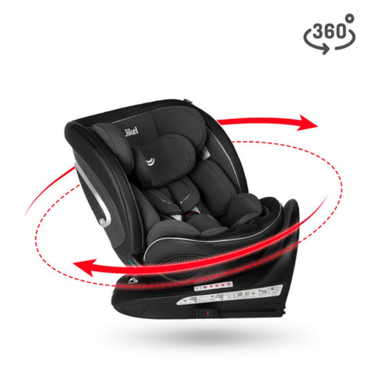 Charcoal Grey baby car seat with 360-degree rotation feature on a white background