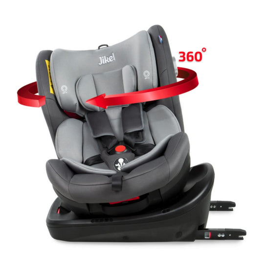 The 360 degree rotation feature highlighted on Jikel Saturn Rotating All-in-One IsoFix Grey Baby Car Seat with Side Impact Protection