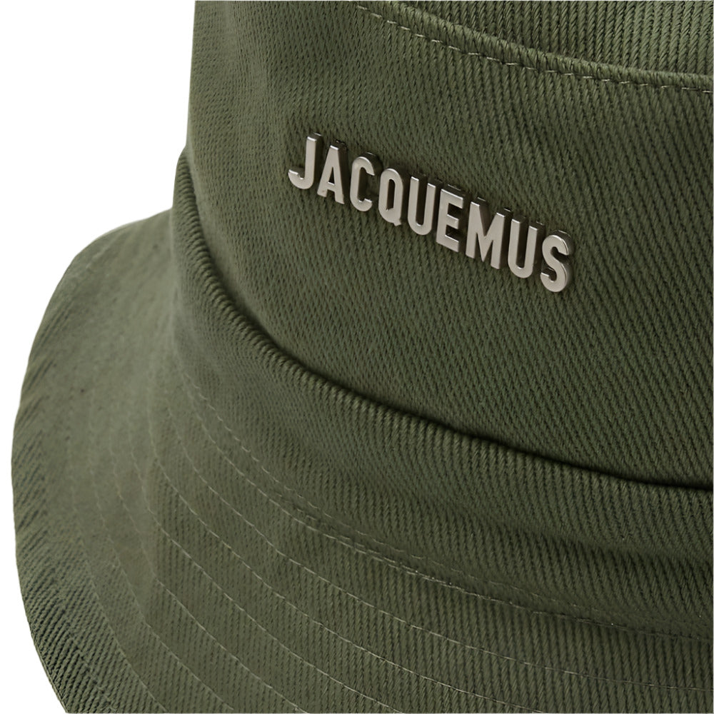 Close up of Jacquemus Le Bob Gadjo Dark Green Bucket Hat with Drawstring