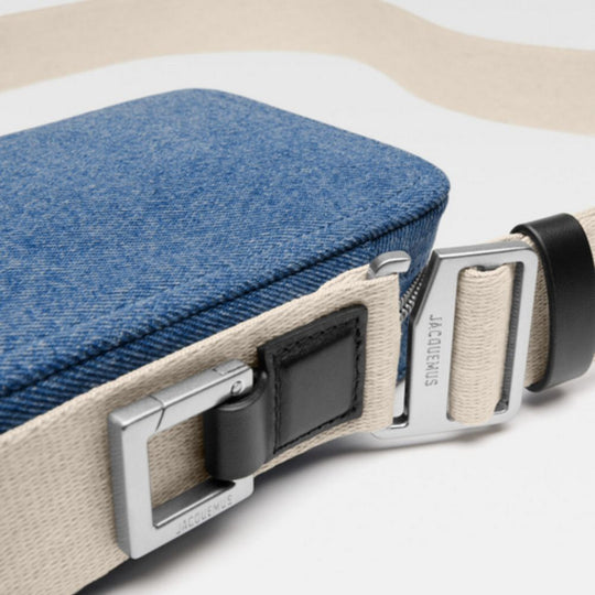 Close up of the strap on Jacquemus The Vertical Cuerda Denim Blue Cross-Body Bag