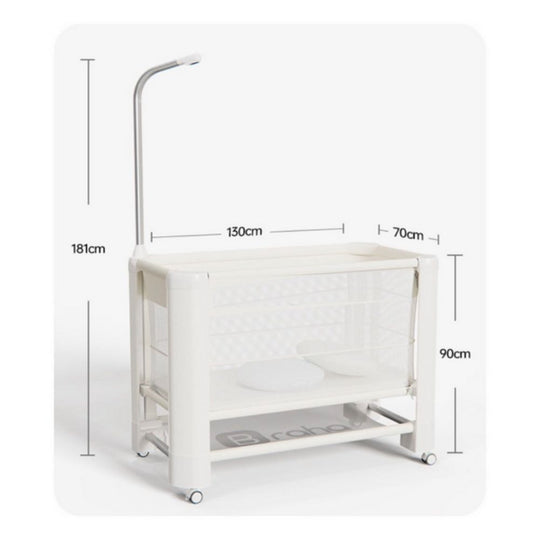 Jikel Braha Intelligent 7-in-1 Light Beige Baby Crib & Desk with Electric Lift with dimensions indicated on a white background