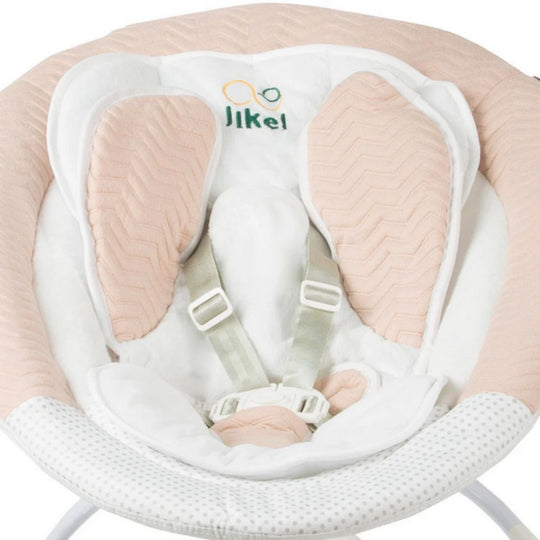 Baby bouncer with pink and white design, featuring the Jikel brand logo.