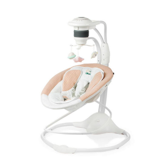 Baby swing with pink seat and white frame on a white background