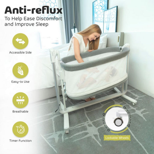 Baby bassinet with woman attending to a baby, features highlighted on the left.