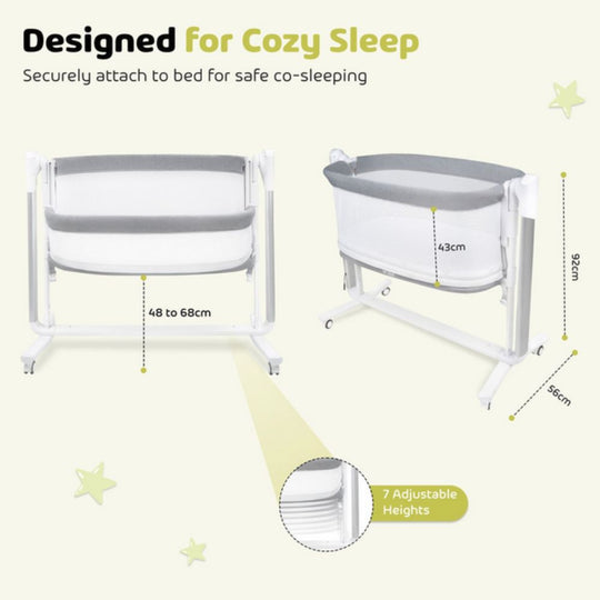 Baby bassinet with dimensions and safety features on a light background