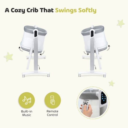 Cozy crib with swinging motion on a white background, featuring built-in music and remote control icons.