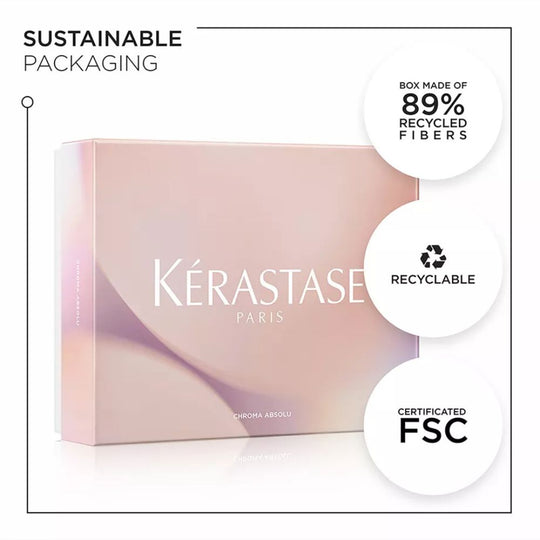 Kérastase Chroma Absolu packaging is made with 89% recycled fibers and is FSC certified. The box is also recyclable.