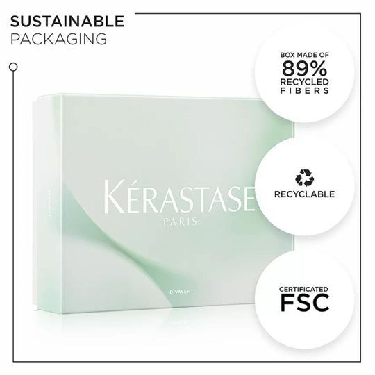 A white box with a green swirl design and the Kérastase Paris logo. The text "SUSTAINABLE PACKAGING" is displayed above the box. The box has icons indicating it is made of 89% recycled fibers, is recyclable, and is FSC certified.