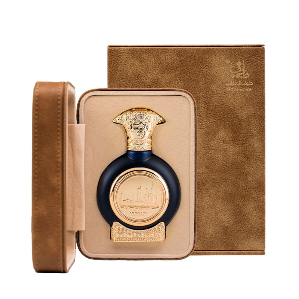 An EDP 75mL bottle of Kuwait perfume by Taif Al Emarat along with its leather box
