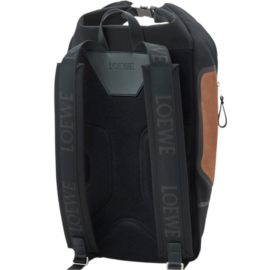The back of a LOEWE Flex Roll-Top Backpack is shown, highlighting its black padded mesh back panel and adjustable black LOEWE webbing shoulder straps.