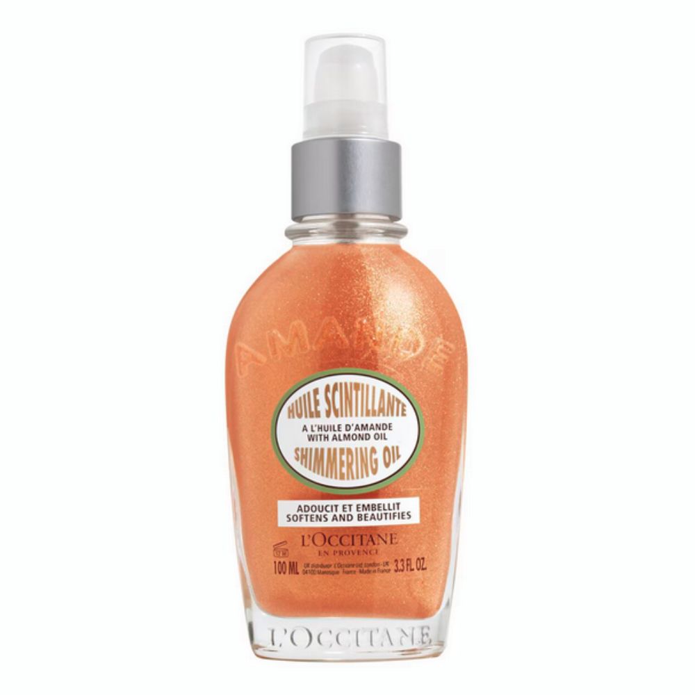 A bottle of L'Occitane Almond Shimmering Body Oil.