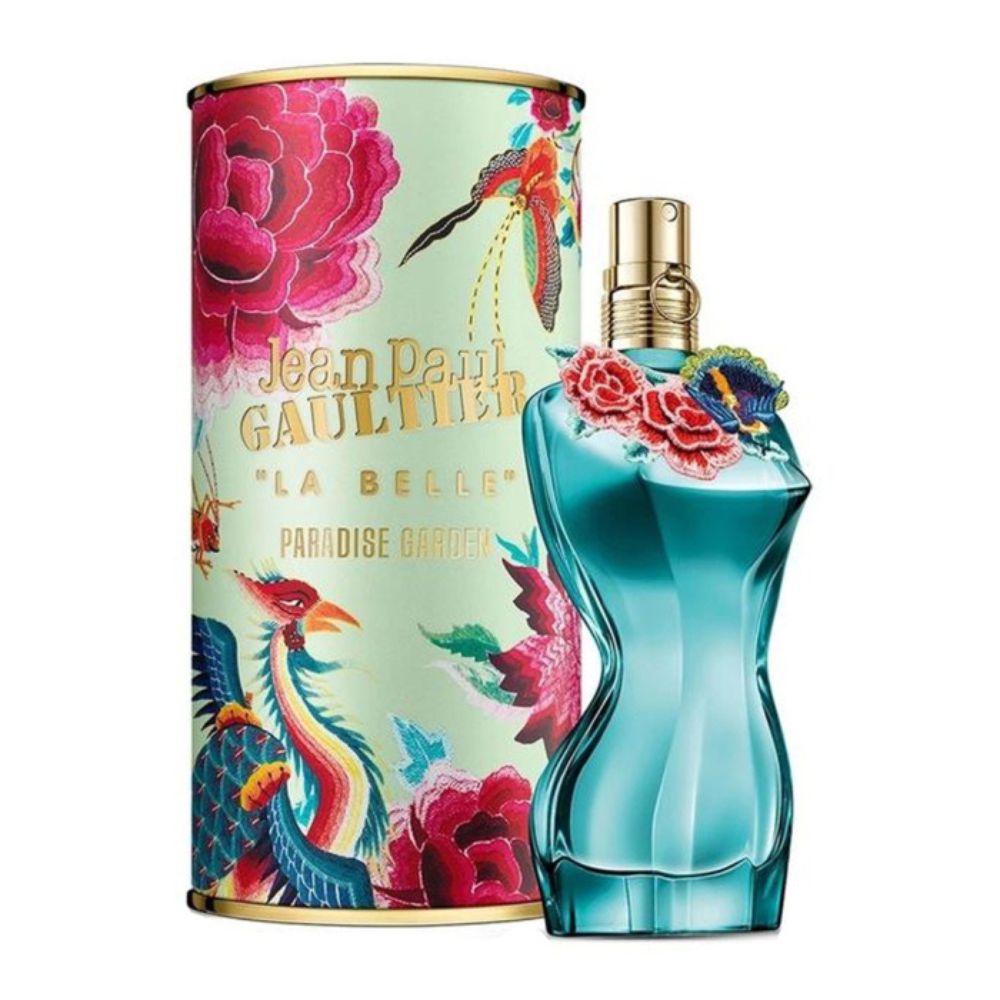 An EDP 100mL bottle of La Belle Paradise Garden by Jean Paul Gaultier along with its Box