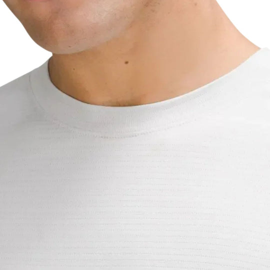 Close up view of neckline of male model wearing LULULEMON License To Train Relaxed Long Sleeve T-Shirt