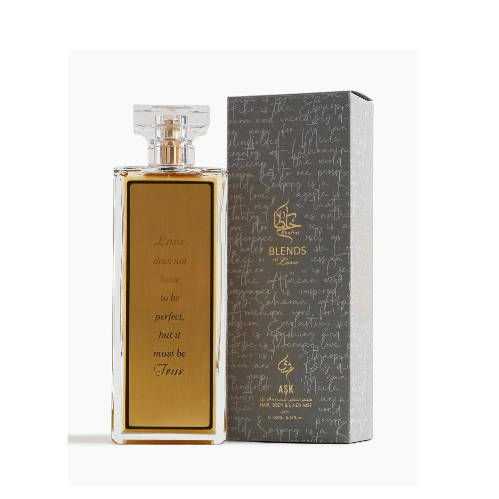 An EDP 150mL bottle of 'Love Everywhere - Ask' Multifunctional Spray by Khaltat along with its Box