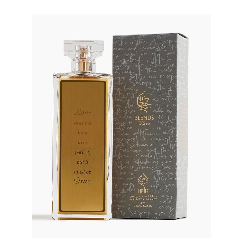 An EDP 150mL bottle of 'Love Everywhere - Liebe' by Khaltat along with its Box