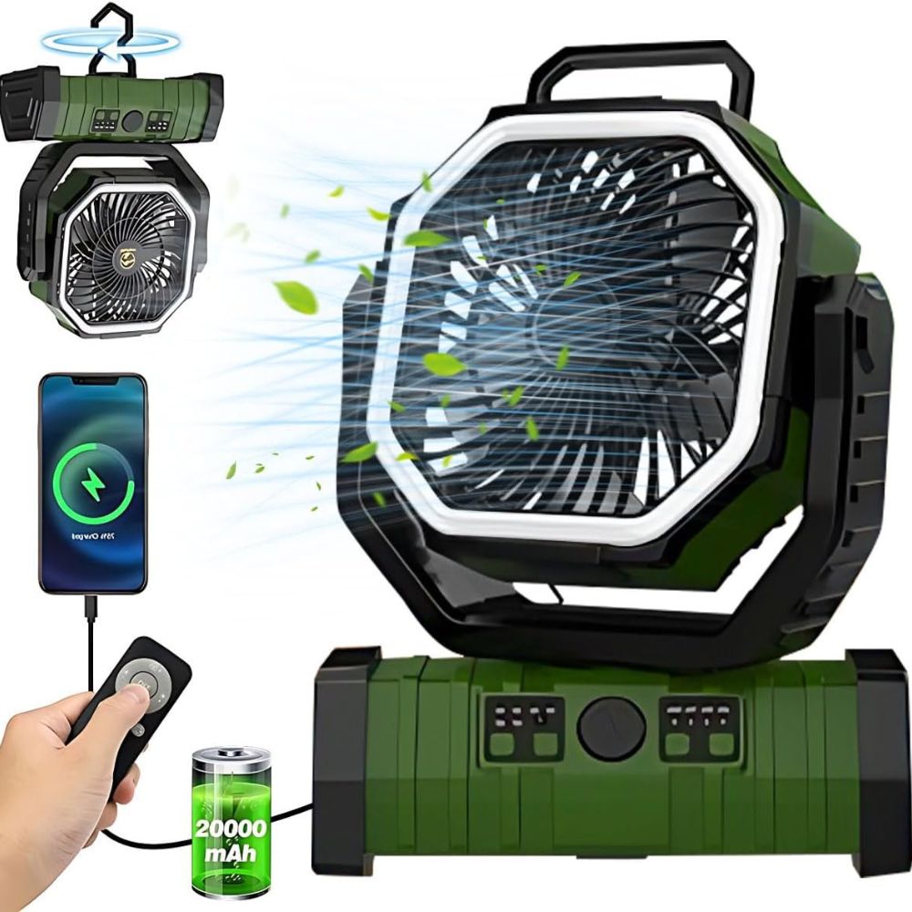 LuzCadaVez 8.7 Inch Oscillating Outdoor Camping Fan with 20000mAh Battery, LED Light, Remote Control & Hanging Hook