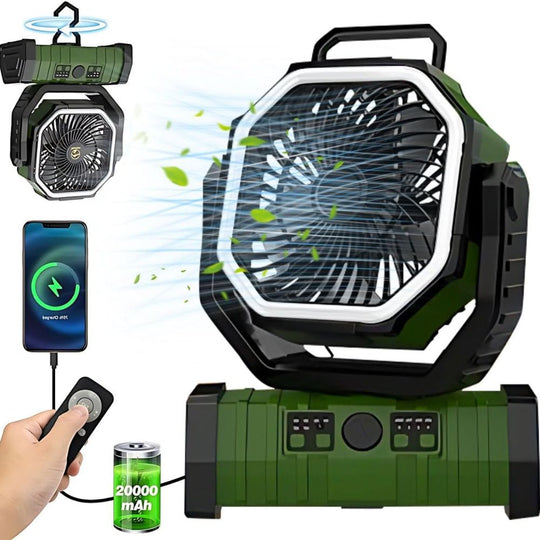 LuzCadaVez 8.7 Inch Oscillating Outdoor Camping Fan with 20000mAh Battery, LED Light, Remote Control & Hanging Hook