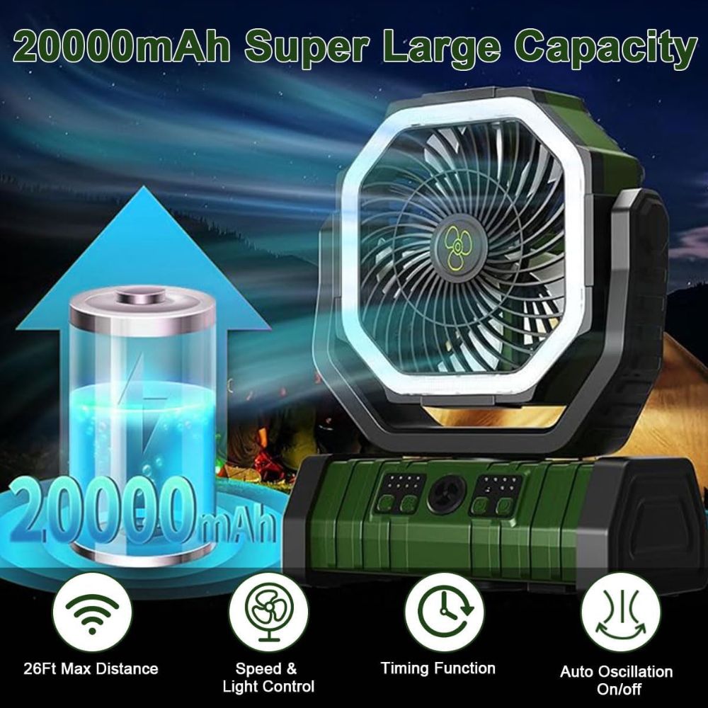 LuzCadaVez 8.7 Inch Oscillating Outdoor Camping Fan with 20000mAh Battery, LED Light, Remote Control & Hanging Hook
