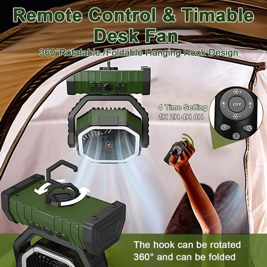 LuzCadaVez 8.7 Inch Oscillating Outdoor Camping Fan with 20000mAh Battery, LED Light, Remote Control & Hanging Hook