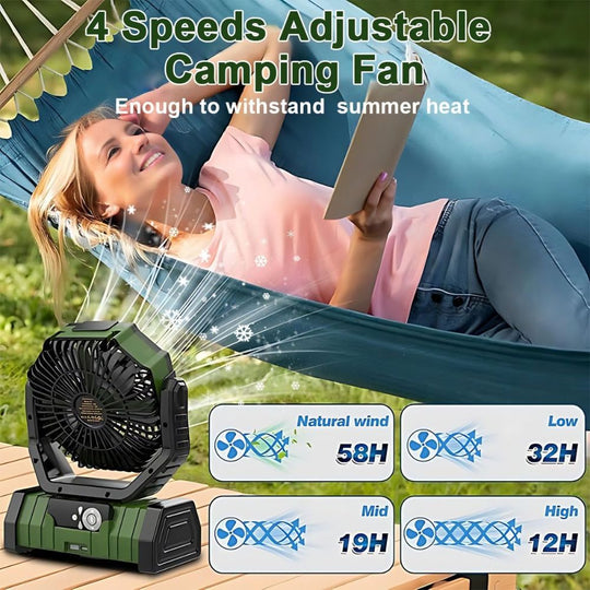 A lady in the hammock enjoying the air from the LuzCadaVez 8.7 Inch Oscillating Outdoor Camping Fan. The fan is green and features a circular fan grill. A small graphic shows four speed settings: Natural Wind, Low (58H), Mid (19H), and High (12H), indicating battery life. The fan is designed for camping and has 4 adjustable speeds. The product also has a 20000mAh battery, LED light, remote control, and a hanging hook.