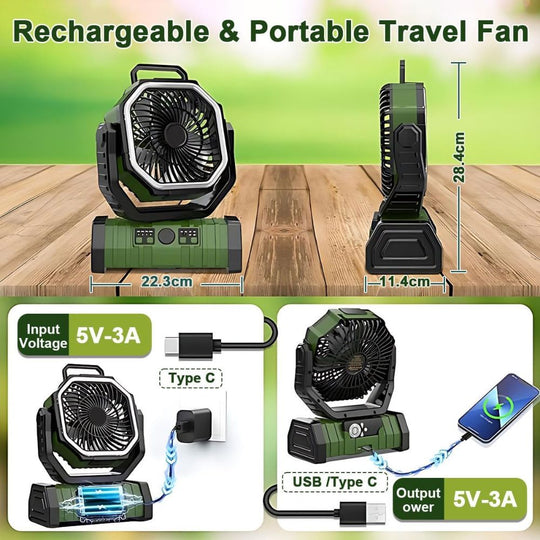 Collage of images showcasing a green and black portable travel fan with dimensions and charging details. The fan is shown from multiple angles, highlighting its size, Type-C charging port, and USB output for powering other devices. Text labels indicate input and output voltage as 5V-3A.