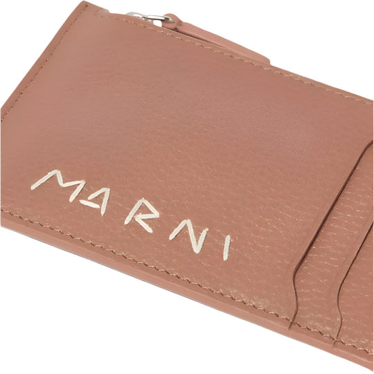 Close up shot of the Logo on MARNI Brown Logo Card Case in Calfskin Leather