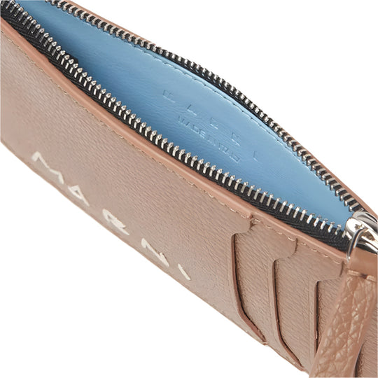 Close up of the Zip opening of MARNI Brown Logo Card Case in Calfskin Leather