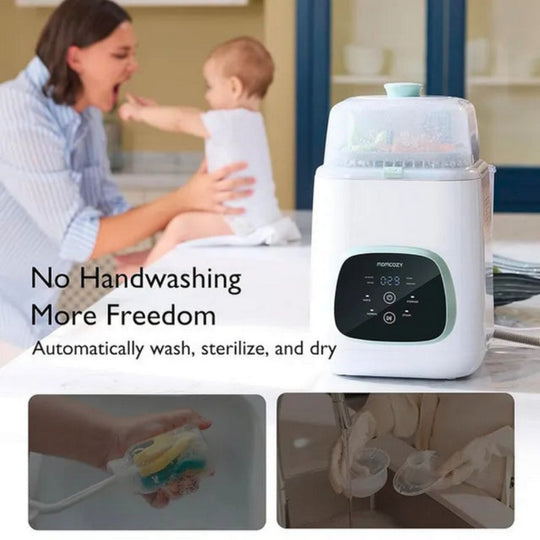 Momcozy KleanPal Pro Automatic Baby Bottle Washer with text 'No Handwashing More Freedom' and images of a woman holding a baby and sterilized bottles.