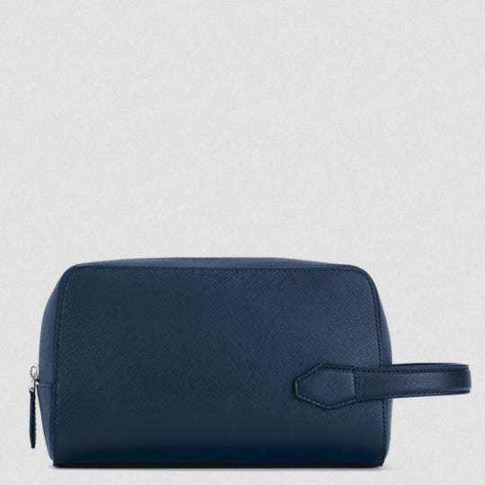 Rear view of Montblanc Sartorial Travel Wash Bag in Ink Blue Full-Grain Leather