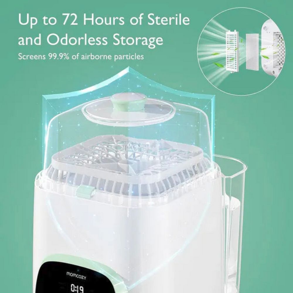 Momcozy KleanPal Pro Automatic Baby Bottle Washer with text about sterile and odorless storage on a green background