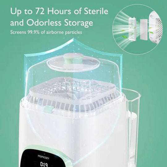 Momcozy KleanPal Pro Automatic Baby Bottle Washer with text about sterile and odorless storage on a green background